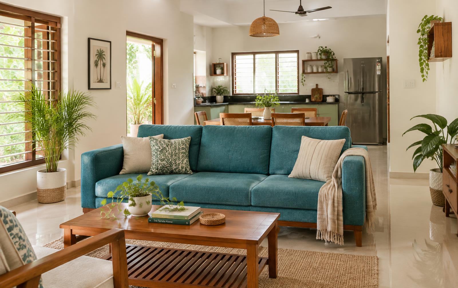 A bright Kerala home with a teal sofa and appliances